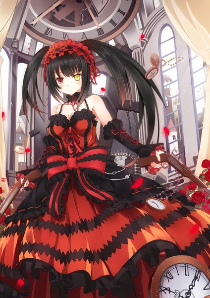 Anime picture 2688x3801 with date a live tokisaki kurumi zerii (cdcdqqq) single long hair tall image looking at viewer blush highres black hair red eyes yellow eyes heterochromia lolita fashion uneven twintails girl dress bow weapon detached sleeves