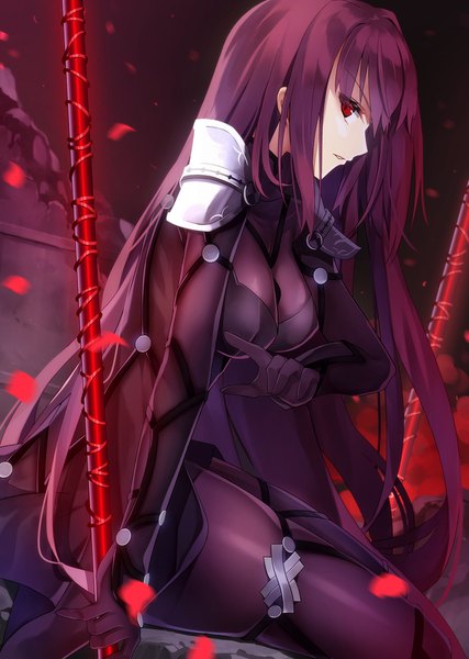 Anime picture 1300x1826 with fate (series) fate/grand order scathach (fate) (all) scathach (fate) minamina single long hair tall image looking at viewer fringe breasts light erotic hair between eyes red eyes sitting holding purple hair parted lips profile dark background