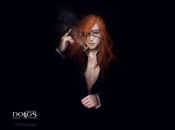 イラスト 1415x1050 と dogs: bullets & carnage david production badou nails nagare-boshi (artist) ソロ 長髪 オレンジ髪 realistic open clothes black background smoking 男性 眼帯 シガレット