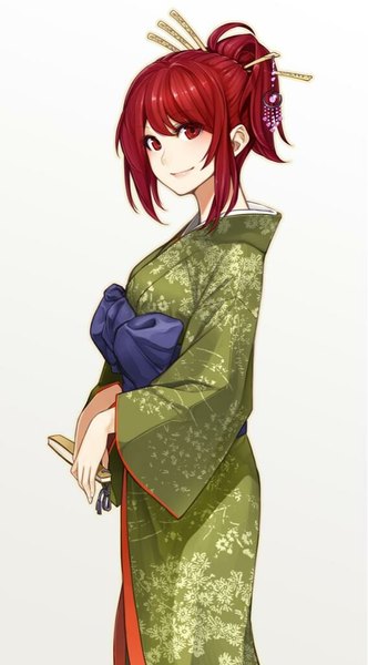 Anime picture 568x1024 with sengoku wars poaro single tall image looking at viewer blush fringe short hair red eyes standing white background holding red hair traditional clothes head tilt japanese clothes light smile girl hair ornament bow