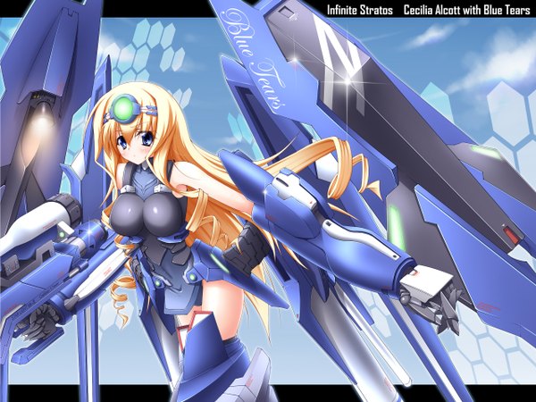 Anime picture 2560x1920 with infinite stratos 8bit cecilia orcott single long hair blush highres blue eyes light erotic blonde hair inscription drill hair mecha musume girl weapon mecha
