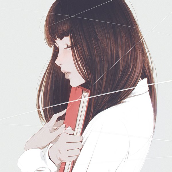 Anime picture 1080x1080 with original ilya kuvshinov single long hair fringe simple background brown hair holding upper body blunt bangs eyes closed long sleeves parted lips profile lips grey background lipstick crossed arms eyeshadow pink lipstick