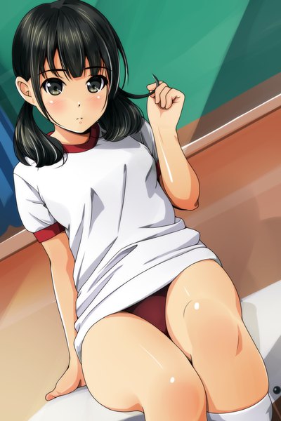 Anime picture 800x1200 with original matsunaga kouyou single long hair tall image looking at viewer blush light erotic black hair sitting twintails head tilt black eyes arm support shiny skin low twintails holding hair girl uniform t-shirt