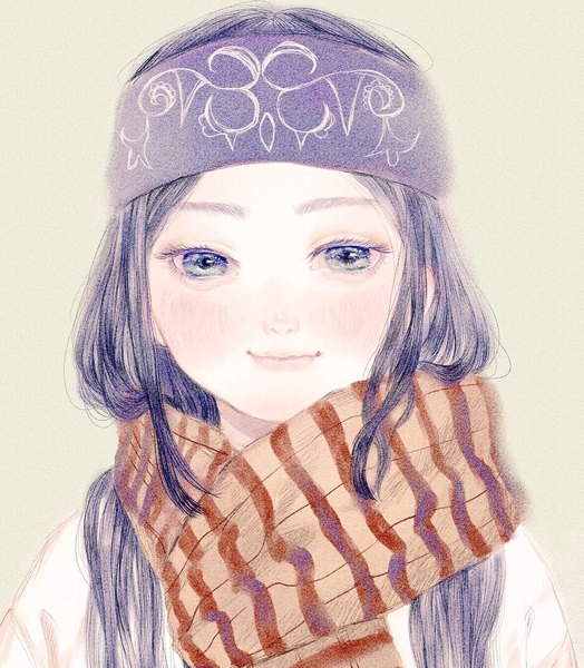 Anime-Bild 1523x1743 mit golden kamuy asirpa nikawamin single long hair tall image looking at viewer blush blue eyes simple background smile blue hair traditional clothes portrait ainu clothes girl hairband scarf striped scarf
