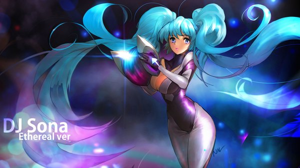 Anime picture 1920x1080 with league of legends sona buvelle nal (artist) single highres breasts wide image purple eyes twintails blue hair very long hair girl bodysuit helmet