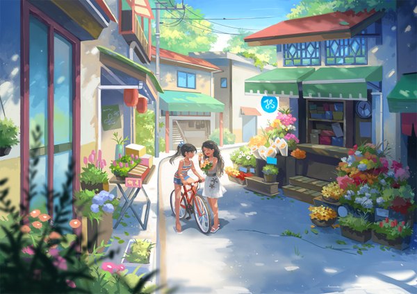 Anime picture 1500x1060 with original kitsu+3 long hair open mouth blue eyes black hair smile standing bare shoulders multiple girls holding looking away sky outdoors ponytail eyes closed profile sunlight blurry bare legs