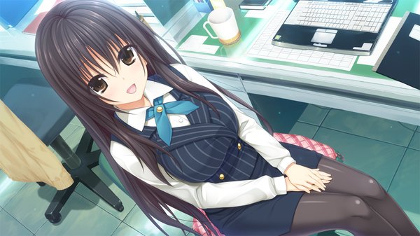 Anime picture 1280x720 with pretty x cation hibiki works yakuouji komachi single long hair looking at viewer blush open mouth black hair wide image sitting brown eyes game cg office lady girl suit