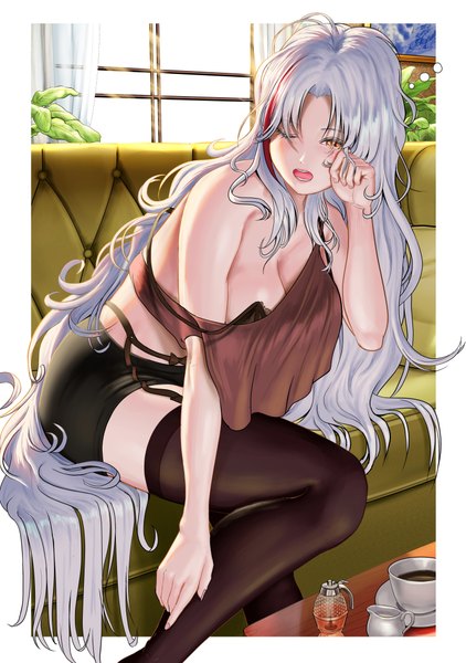 Anime picture 756x1075 with azur lane tallinn (azur lane) dorian oishiiyo single tall image blush fringe breasts open mouth light erotic large breasts sitting yellow eyes looking away cleavage silver hair ahoge indoors very long hair one eye closed