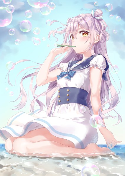 Anime picture 2894x4093 with original shiono (0303) single long hair tall image looking at viewer blush fringe highres hair between eyes sitting holding yellow eyes sky silver hair cloud (clouds) full body outdoors barefoot wind