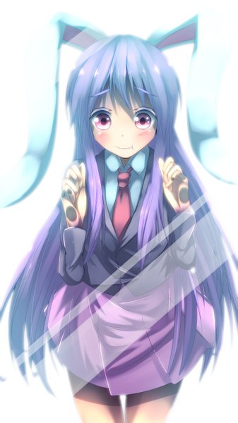 Anime picture 843x1500 with touhou reisen udongein inaba kagayan1096 single long hair tall image looking at viewer blush fringe simple background standing white background purple eyes animal ears purple hair pleated skirt bunny ears against glass girl skirt