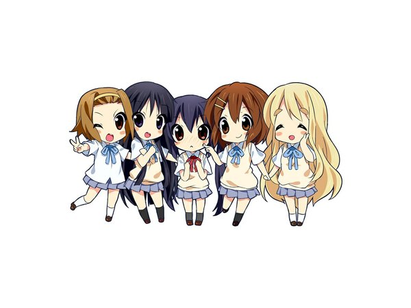 Anime picture 1024x768 with k-on! kyoto animation akiyama mio hirasawa yui nakano azusa kotobuki tsumugi tainaka ritsu white background chibi paco