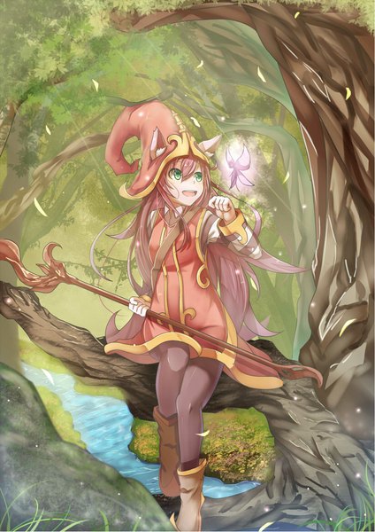 Anime picture 821x1161 with league of legends lulu (league of legends) vococo single long hair tall image blush fringe open mouth smile sitting holding green eyes animal ears looking away sunlight happy river dark hair girl