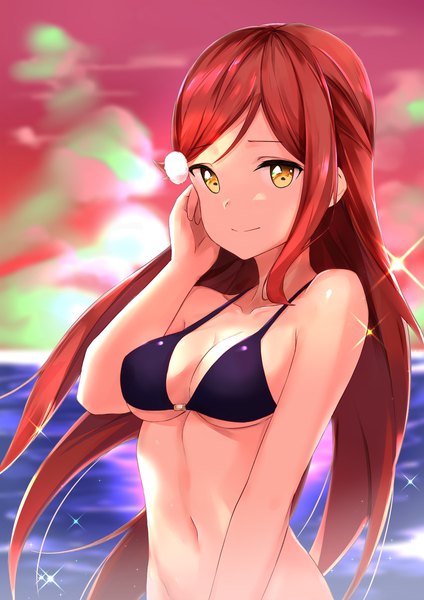 Anime picture 1500x2122 with love live! sunshine!! sunrise (studio) love live! sakurauchi riko mojomaru single long hair tall image looking at viewer breasts light erotic bare shoulders yellow eyes sky cleavage upper body outdoors red hair light smile sparkle