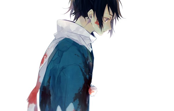 Anime picture 883x569 with touken ranbu nitroplus yamato no kami yasusada hanamori single short hair blue eyes black hair simple background white background upper body ponytail traditional clothes japanese clothes profile tears bloody clothes shinsengumi boy scarf