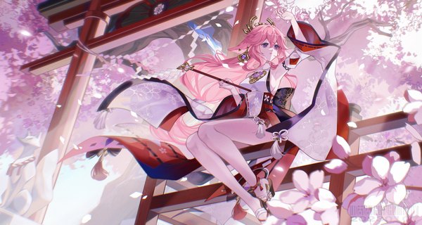 Anime picture 4500x2400 with genshin impact yae miko xianyu guguzi single long hair fringe highres breasts hair between eyes wide image sitting purple eyes animal ears looking away pink hair absurdres full body traditional clothes japanese clothes arm up