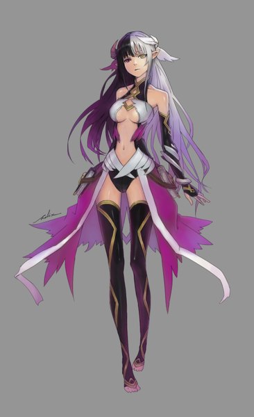 Anime picture 1002x1641 with original zomoto (graytone) single long hair tall image looking at viewer fringe breasts light erotic signed parted lips multicolored hair horn (horns) pointy ears grey background two-tone hair heterochromia gradient hair walking head wings