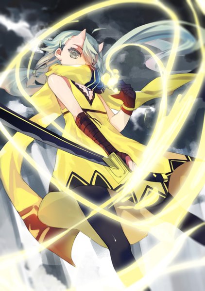 Anime picture 2079x2953 with original pixiv fantasia pixiv fantasia new world saberiii single long hair tall image looking at viewer highres bare shoulders horn (horns) grey hair grey eyes girl dress weapon pantyhose sword katana single glove