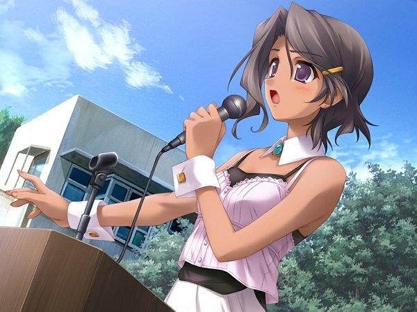 Anime picture 1024x768 with scarlett short hair black hair purple eyes game cg girl microphone