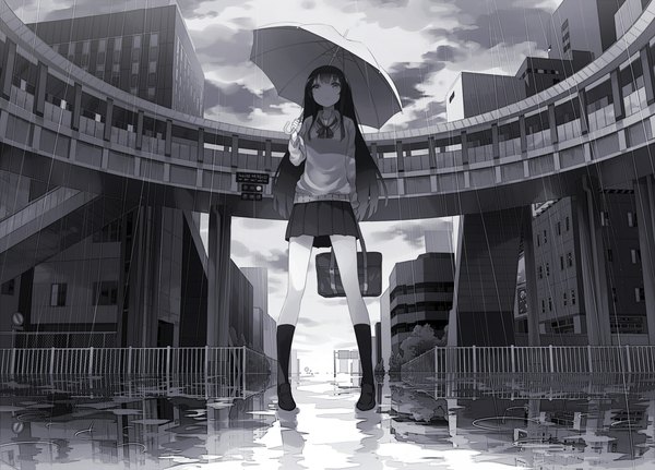 Anime picture 1311x942 with mogumo single long hair black hair black eyes monochrome rain girl skirt uniform school uniform socks black socks umbrella school bag