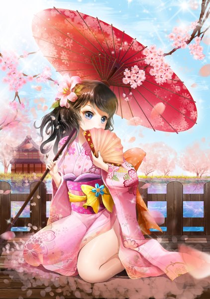 Anime picture 2079x2953 with original lunacle single long hair tall image looking at viewer blush highres blue eyes black hair sitting holding sky outdoors long sleeves traditional clothes japanese clothes hair flower sunlight wide sleeves