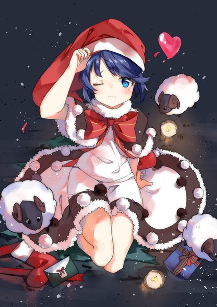 Anime picture 2508x3541 with touhou doremy sweet small rabbit single tall image looking at viewer highres short hair blue eyes sitting blue hair one eye closed from above light smile christmas adjusting hat seiza girl dress hat