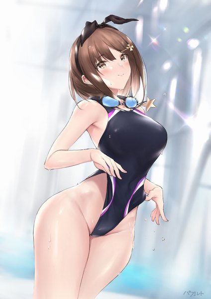 Anime picture 819x1160 with atelier (series) atelier ryza gust (company) reisalin stout parfaitlate single tall image looking at viewer blush fringe short hair breasts light erotic smile hair between eyes brown hair standing signed yellow eyes wet