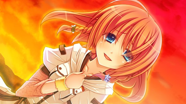 Anime picture 1024x576 with legend seven (game) blush short hair blue eyes smile wide image game cg red hair evening sunset girl