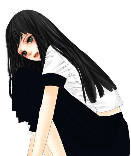 Anime picture 1333x1594 with original oto ko neco single long hair tall image looking at viewer blush fringe open mouth black hair simple background white background sitting green eyes short sleeves squat girl skirt uniform school uniform