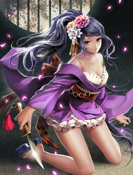 Anime picture 800x1046 with original nishitani single tall image looking at viewer fringe breasts blue eyes bare shoulders cleavage purple hair ponytail very long hair traditional clothes japanese clothes hair flower bare legs legs glow girl