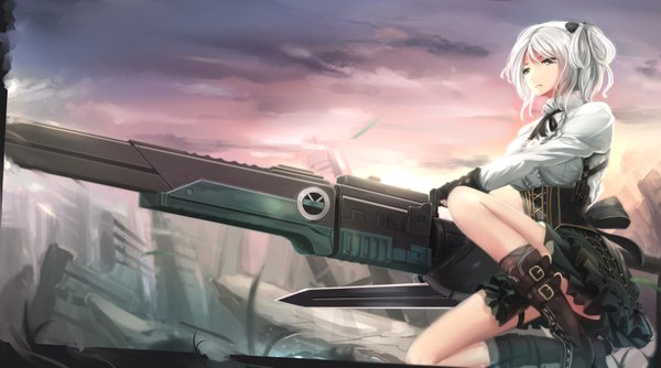 Anime picture 1960x1092 with original kikivi single highres short hair wide image brown eyes looking away sky cloud (clouds) white hair girl dress gloves weapon boots fingerless gloves gun