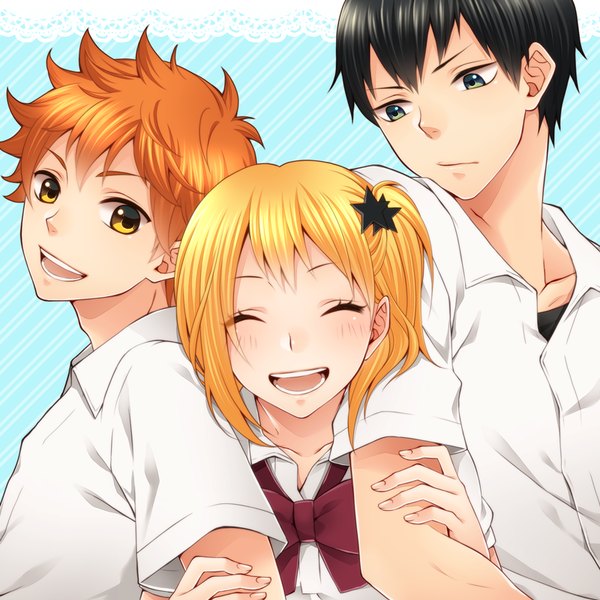 Anime picture 800x800 with haikyuu!! production i.g kageyama tobio hinata shouyou hitoka yachi rio (rio 01) blush fringe short hair open mouth black hair blonde hair green eyes yellow eyes eyes closed orange hair multiple boys one side up looking down blue background