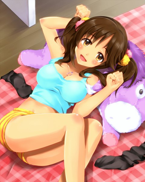 Anime picture 800x1000 with idolmaster idolmaster cinderella girls totoki airi katoma single long hair tall image looking at viewer blush breasts open mouth light erotic smile brown hair twintails bare shoulders brown eyes cleavage lying midriff