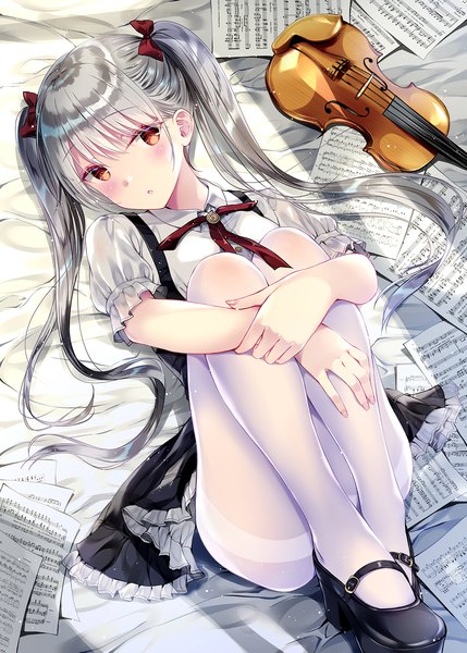 Anime picture 1253x1753 with original kobayashi chisato single long hair tall image looking at viewer blush fringe open mouth light erotic twintails payot silver hair full body bent knee (knees) lying from above :o short sleeves on back