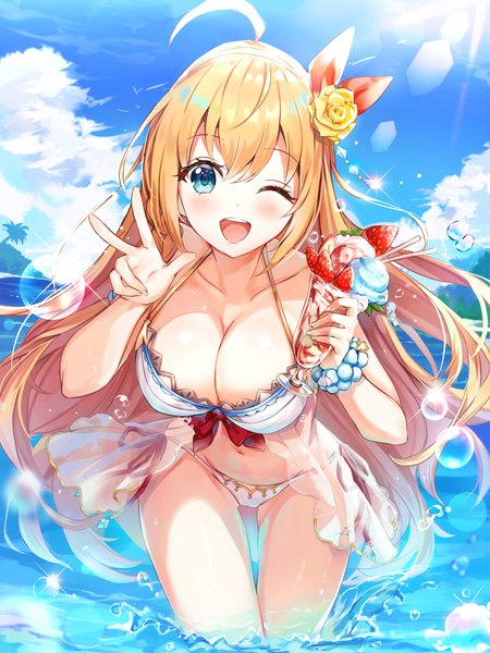 Anime picture 750x1000 with princess connect! re:dive princess connect! pecorine (princess connect!) narae single long hair tall image looking at viewer blush fringe breasts open mouth blue eyes light erotic blonde hair smile hair between eyes large breasts bare shoulders holding