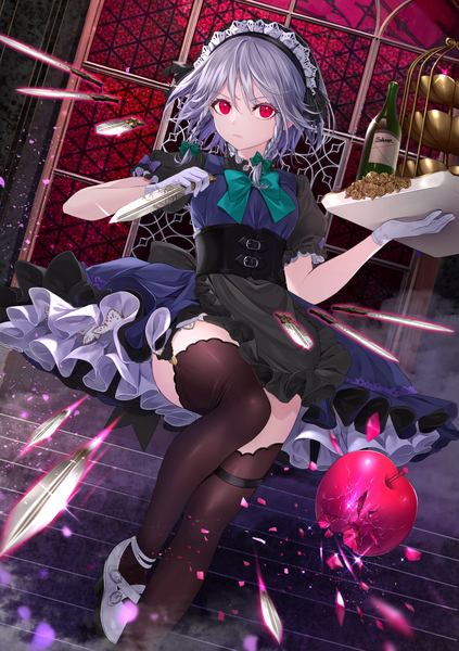 Anime picture 1200x1702 with touhou izayoi sakuya komazuki (komaworks240) single tall image looking at viewer fringe short hair breasts hair between eyes red eyes standing holding silver hair indoors braid (braids) blurry arms up sparkle short sleeves