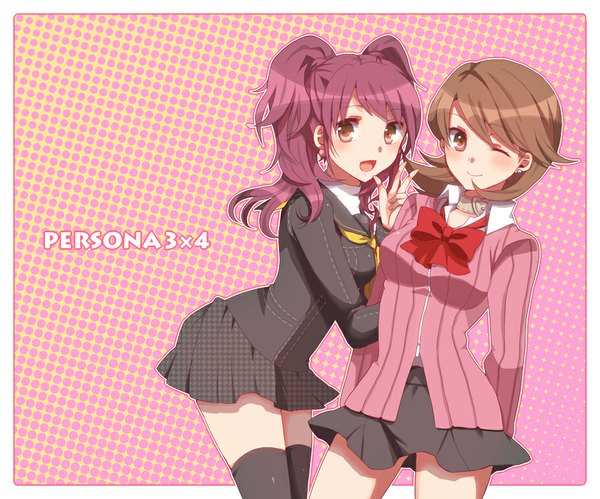 イラスト 1000x833 と ペルソナ4 ペルソナ3 persona kujikawa rise 岳羽ゆかり yuuhi (ms1110) 長髪 赤面 開いた口 茶色の髪 multiple girls 茶目 purple hair one eye closed ウィンク 女の子 ストッキング スカート 制服 黒ストッキング