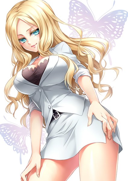 Anime picture 708x1000 with ansatsu kyoushitsu irina jelavic ueno tsuki single long hair tall image looking at viewer breasts blue eyes light erotic blonde hair large breasts teacher girl skirt insect butterfly