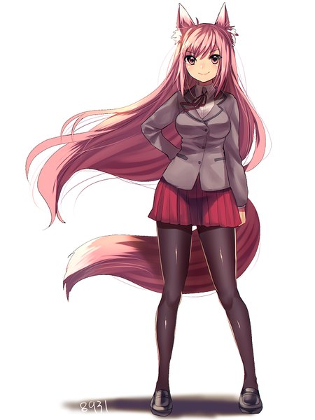 Anime picture 600x800 with original hakusai ponzu single long hair tall image looking at viewer blush fringe breasts simple background smile hair between eyes red eyes standing white background animal ears payot pink hair full body ahoge