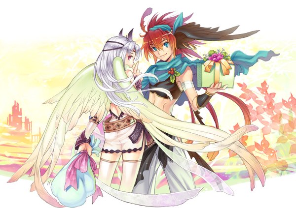 Anime picture 1433x1012 with pixiv forest (artbook) s0ad096 long hair short hair simple background blonde hair smile brown hair white background purple eyes holding white hair pink eyes aqua eyes orange hair couple back city face to face head wings