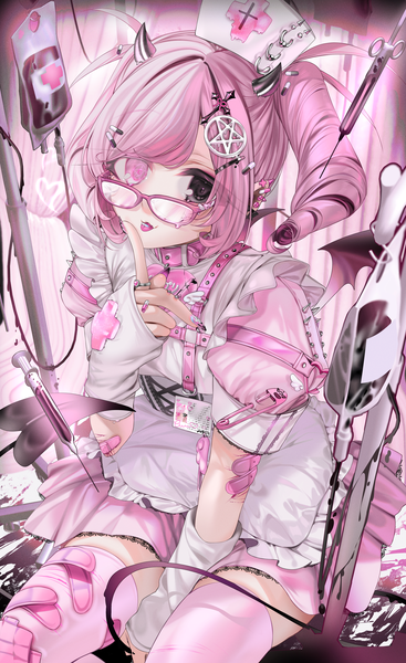 Anime picture 3667x6000 with original unxi single long hair tall image blush highres smile sitting twintails pink hair absurdres tail long sleeves nail polish pink eyes arm up horn (horns) fingernails black eyes