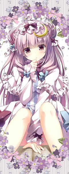 Anime picture 360x900 with touhou patchouli knowledge kino (kino konomi) single long hair tall image looking at viewer blush fringe sitting purple eyes purple hair hair bun (hair buns) crescent girl flower (flowers) bow hair bow book (books) moon