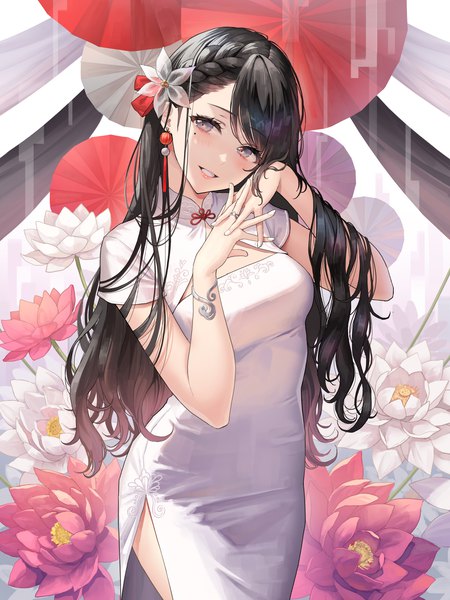Anime picture 1500x2000 with original okuma mai single long hair tall image looking at viewer blush fringe breasts black hair smile standing braid (braids) traditional clothes parted lips head tilt hair flower mole arms up short sleeves
