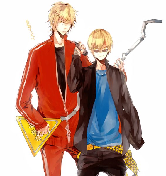 Anime picture 1344x1424 with durarara!! brains base (studio) heiwajima shizuo kida masaomi suou tall image blonde hair smile white background yellow eyes smoking casual boy glasses