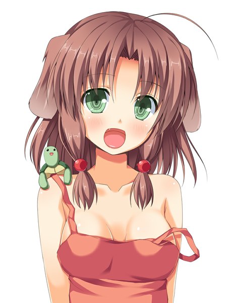 Anime picture 750x1000 with original asa no ha single tall image looking at viewer blush short hair open mouth light erotic simple background brown hair white background green eyes animal ears girl