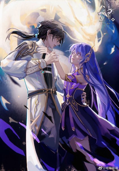 Anime picture 897x1280 with shen yin wang zuo sheng cai'er long haochen long hair tall image fringe open mouth black hair hair between eyes standing bare shoulders signed purple hair ahoge profile realistic official art copyright name hug floating hair