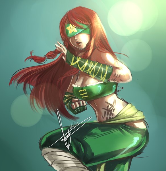 Anime picture 1280x1315 with touhou league of legends hong meiling lee sin (league of legends) hannah515 single long hair tall image highres breasts open mouth large breasts bare shoulders signed cleavage red hair braid (braids) lips midriff tattoo