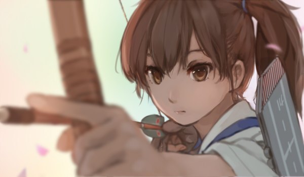 Anime picture 1200x699 with kantai collection kaga aircraft carrier xiao qiang (overseas) single long hair brown hair wide image brown eyes looking away ponytail traditional clothes japanese clothes depth of field archery girl weapon petals bow (weapon) hand arrow (arrows)