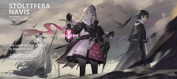 Anime picture 3702x1661 with arknights specter (arknights) irene (arknights) specter the unchained (arknights) lumen (arknights) q9q long hair highres short hair black hair wide image multiple girls silver hair ahoge outdoors very long hair profile horn (horns) wind copyright name