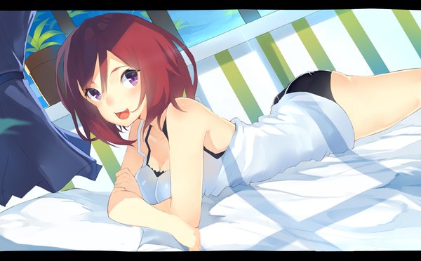 Anime picture 2000x1240 with love live! school idol project sunrise (studio) love live! nishikino maki hajime kaname single looking at viewer highres short hair open mouth light erotic wide image purple eyes bare shoulders red hair lying letterboxed girl underwear panties