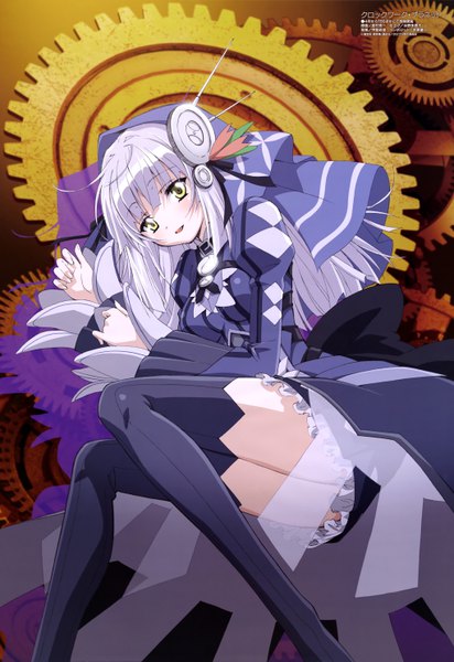 Anime picture 4087x5942 with clockwork planet megami magazine ryuzu (clockwork planet) shimamura hidekazu single long hair tall image looking at viewer blush highres yellow eyes absurdres silver hair official art girl thighhighs dress hair ornament black thighhighs